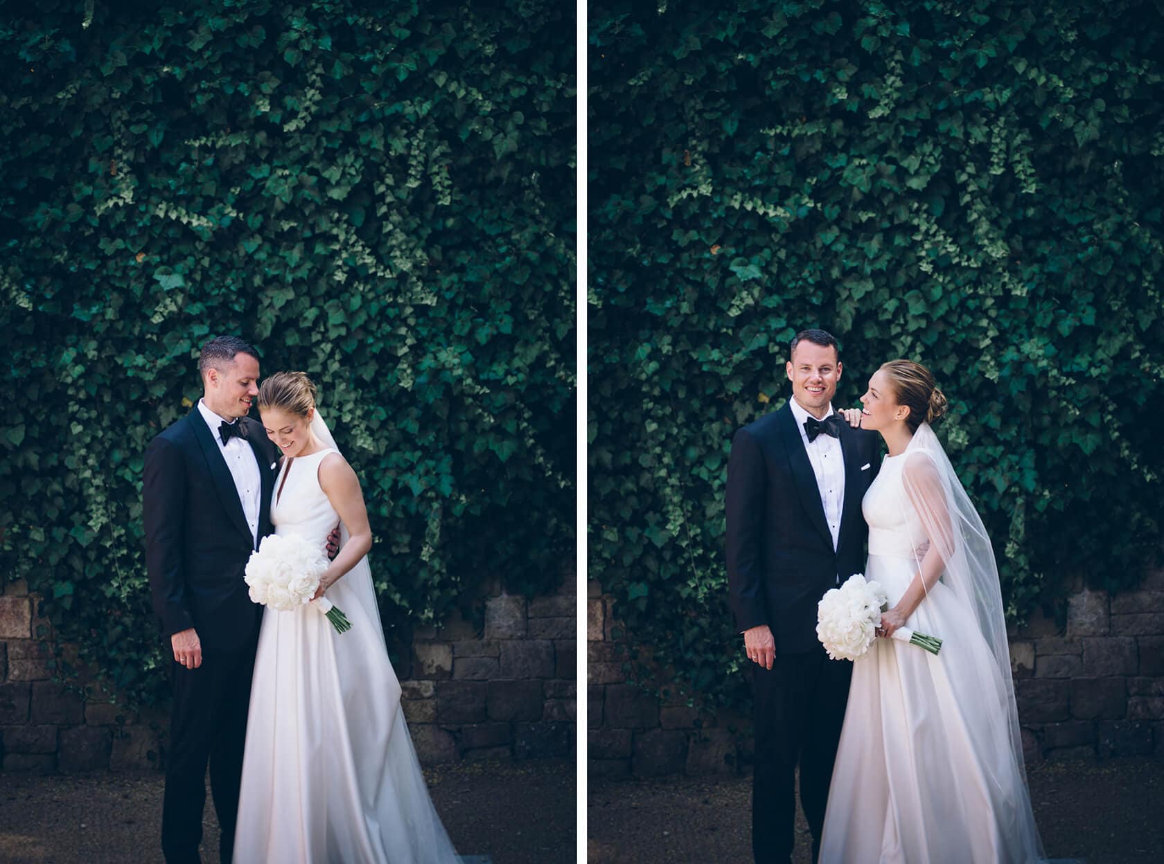 Bride and groom embrace in front of a green ivy wall at Hotel Miramar Barcelona wedding. - Barcelona Wedding Photographer