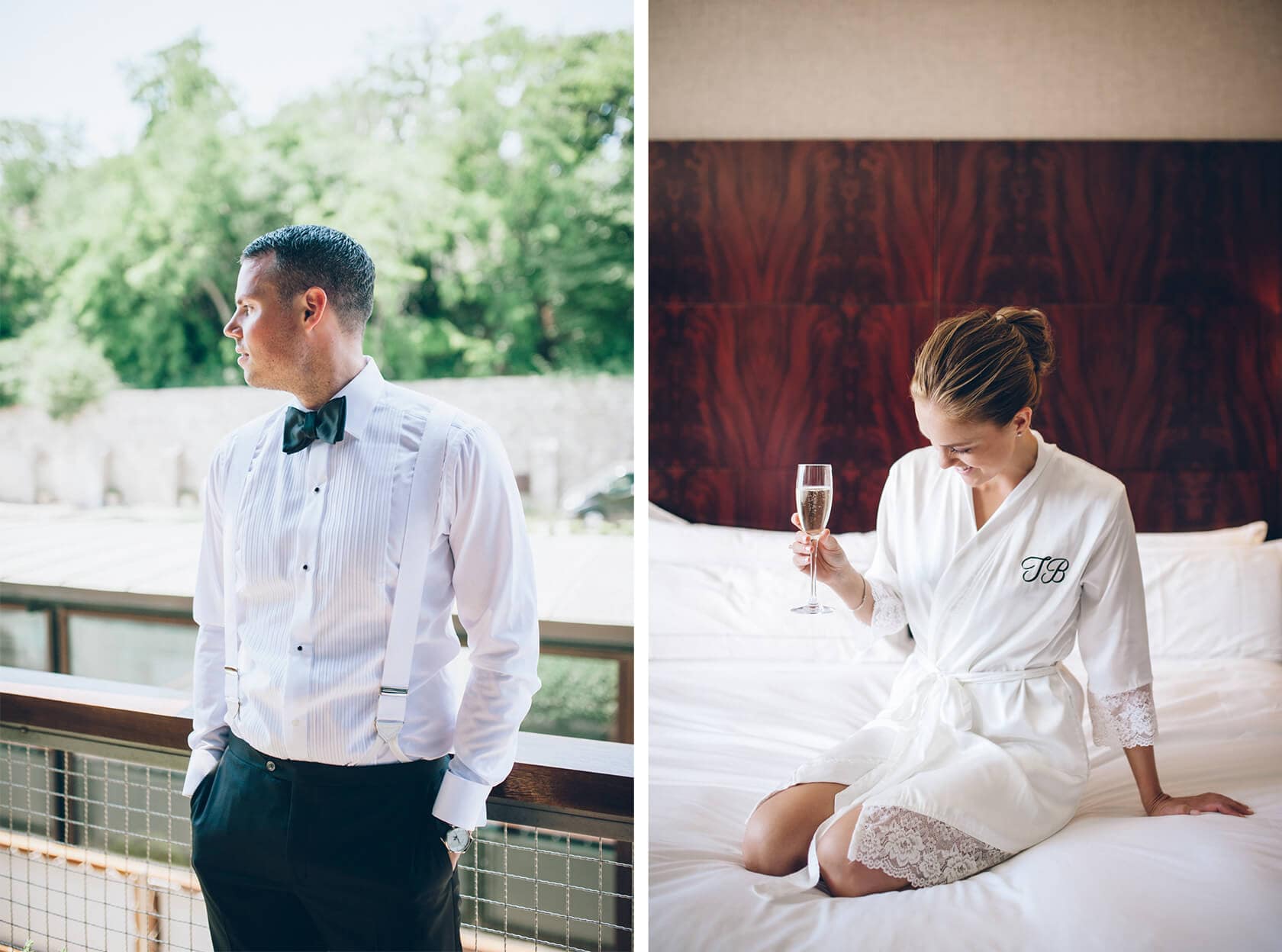 Groom in tuxedo and bride in robe at Hotel Miramar Barcelona wedding - Barcelona Wedding Photographer