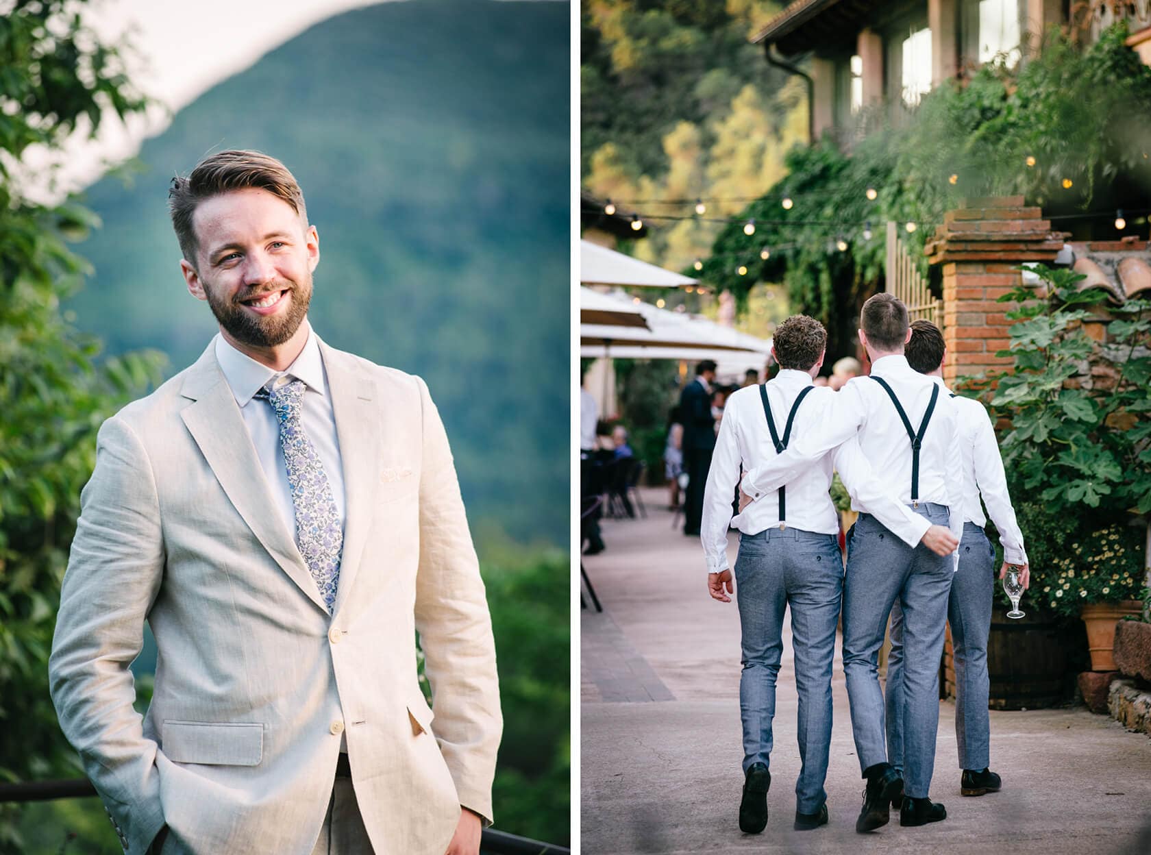 Groom in vintage style wedding suit and groomsmen walking outdoors - Barcelona Wedding Photographer