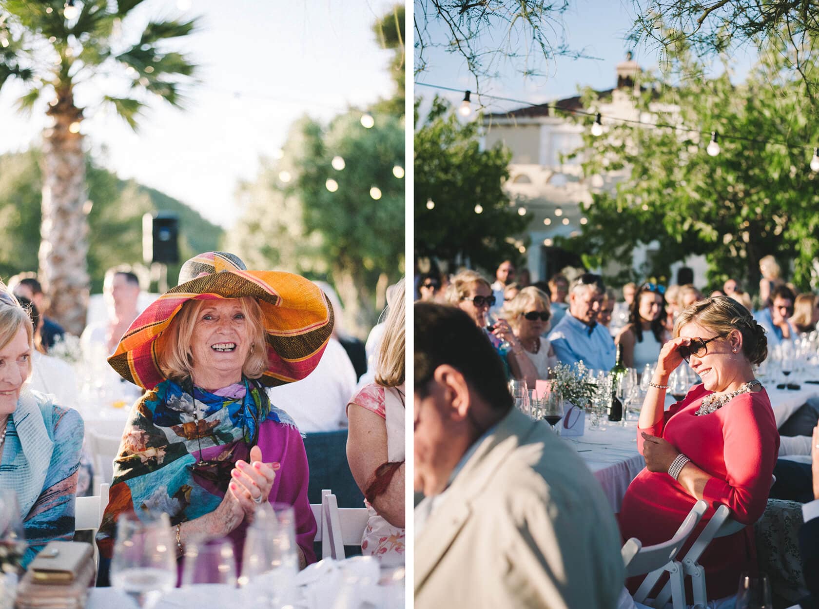 Guests celebrating at a Casanova Estate wedding venue, with a woman in a large hat. - Barcelona Wedding Photographer