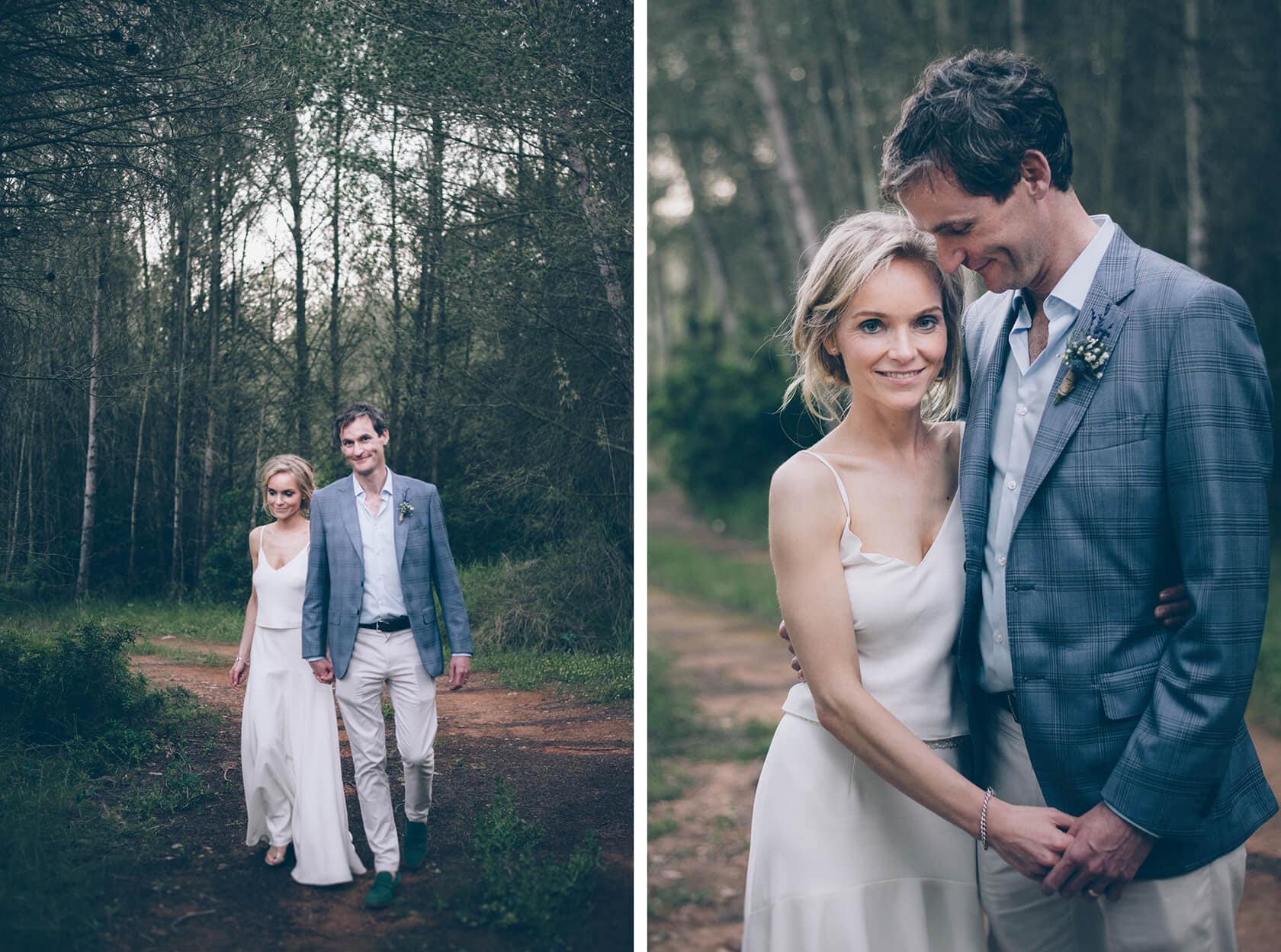 Bride and groom walking through a forest at Casanova Estate wedding venue - Barcelona Wedding Photographer