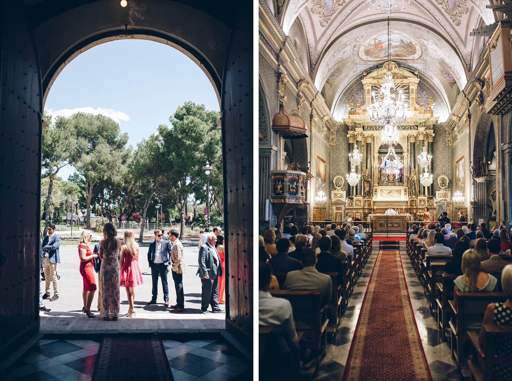 Guests gather at Casanova Estate wedding venue entrance and inside the church. - Barcelona Wedding Photographer
