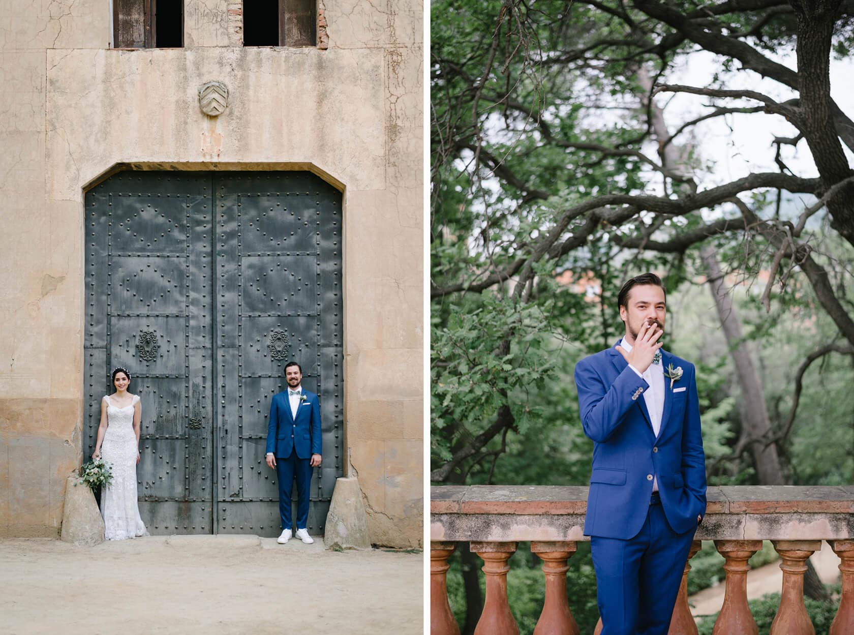 Wedding couple at Parc del Laberint d'Horta, groom in blue suit - Barcelona Wedding Photographer