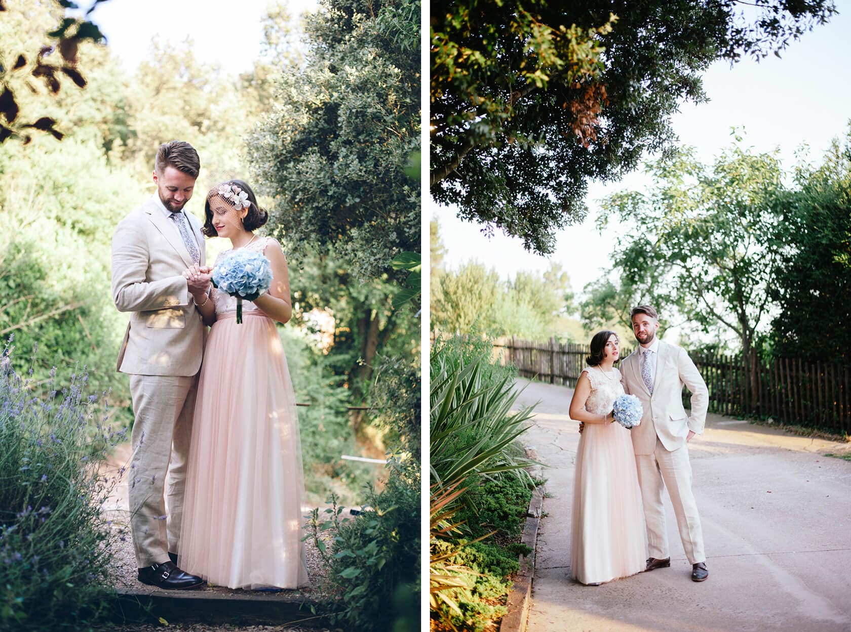 Couple in vintage style wedding attire, bride in pink gown, groom in tan suit - Barcelona Wedding Photographer