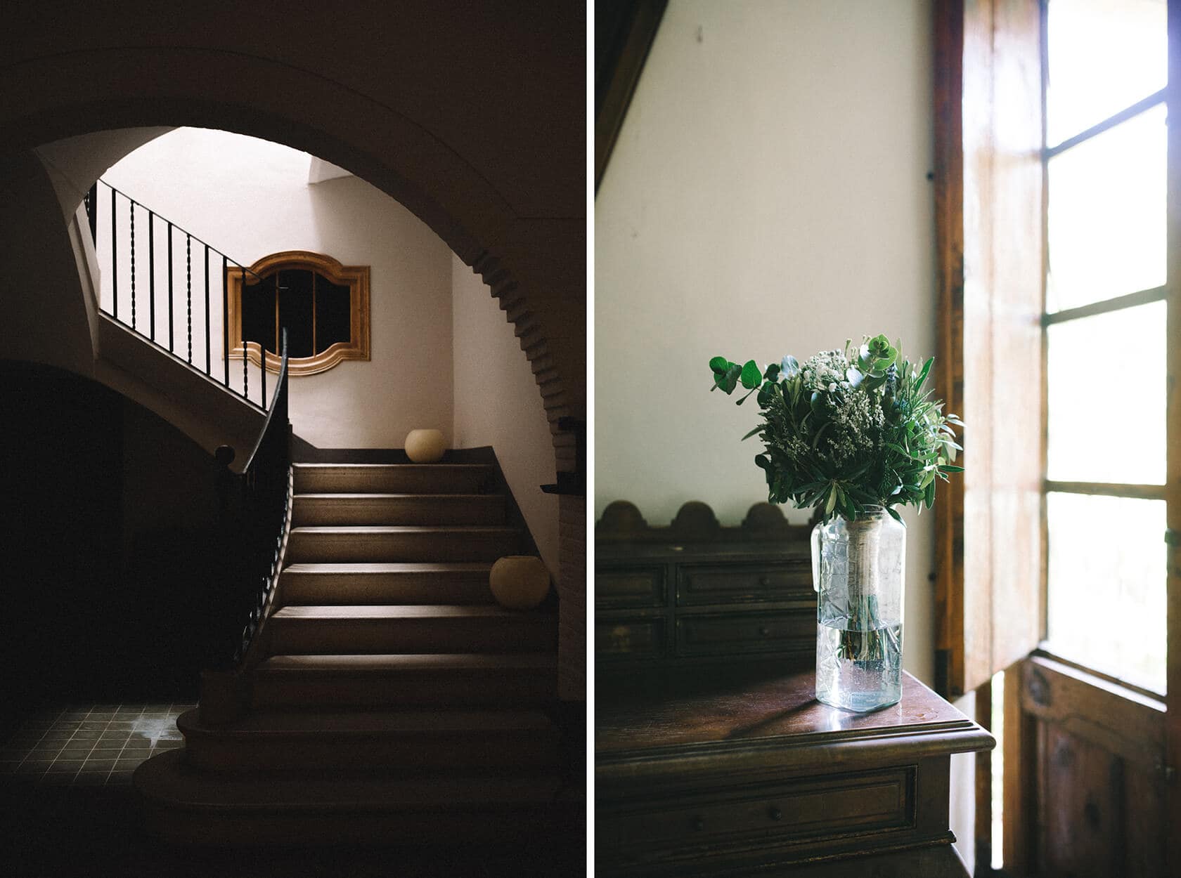 Villa Almanita staircase and floral arrangement for Clara & Toph's destination wedding in Sitges - Barcelona Wedding Photographer