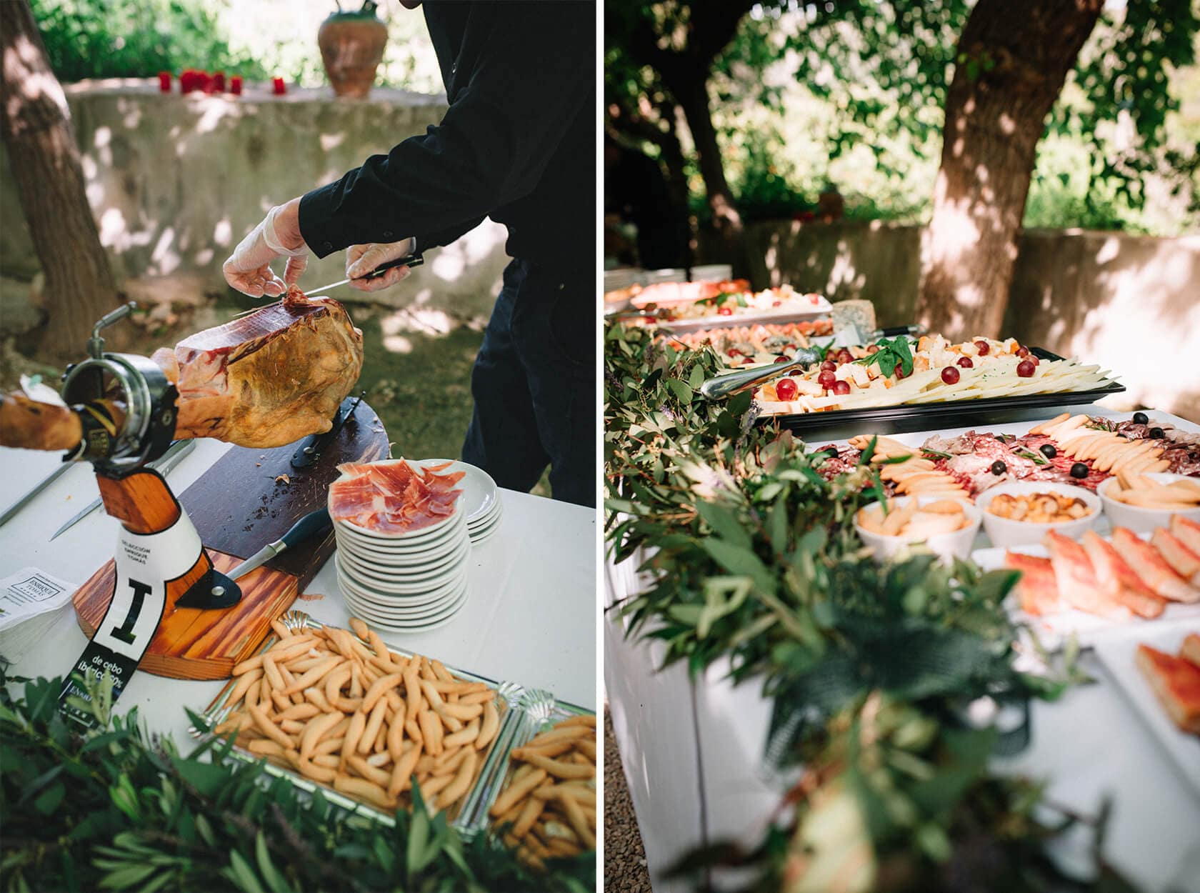 Wedding catering at Villa Almanita Sitges: carving ham and buffet spread - Barcelona Wedding Photographer