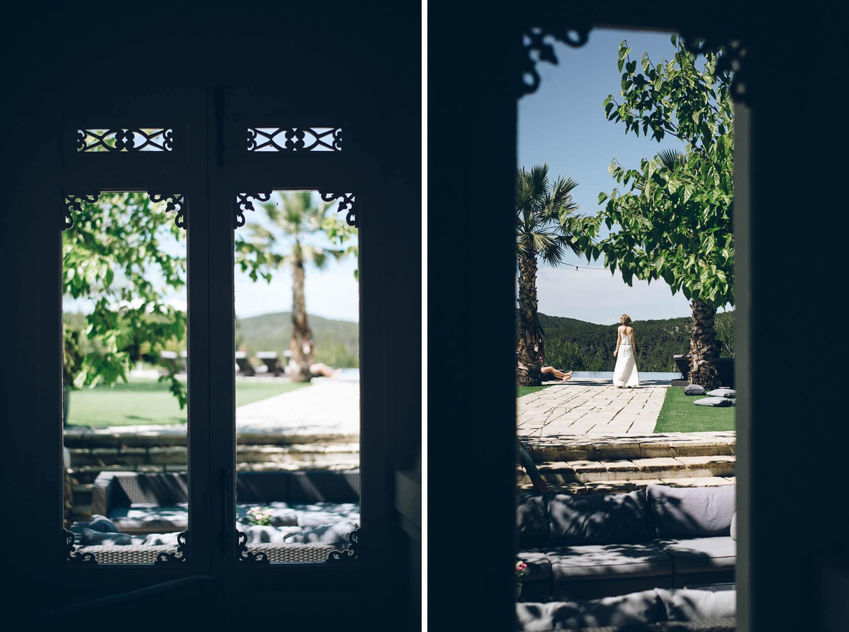 Bride in white dress at Casanova Estate wedding venue, seen through a window. - Barcelona Wedding Photographer