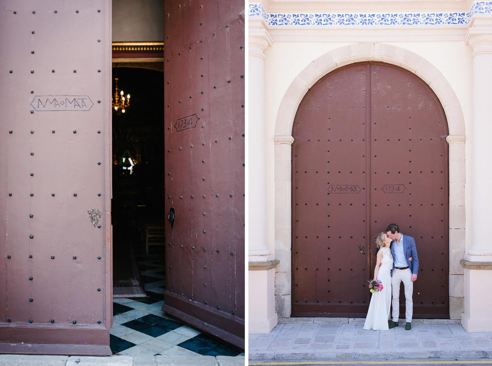 Bride and groom kiss at Casanova Estate wedding venue entrance - Barcelona Wedding Photographer