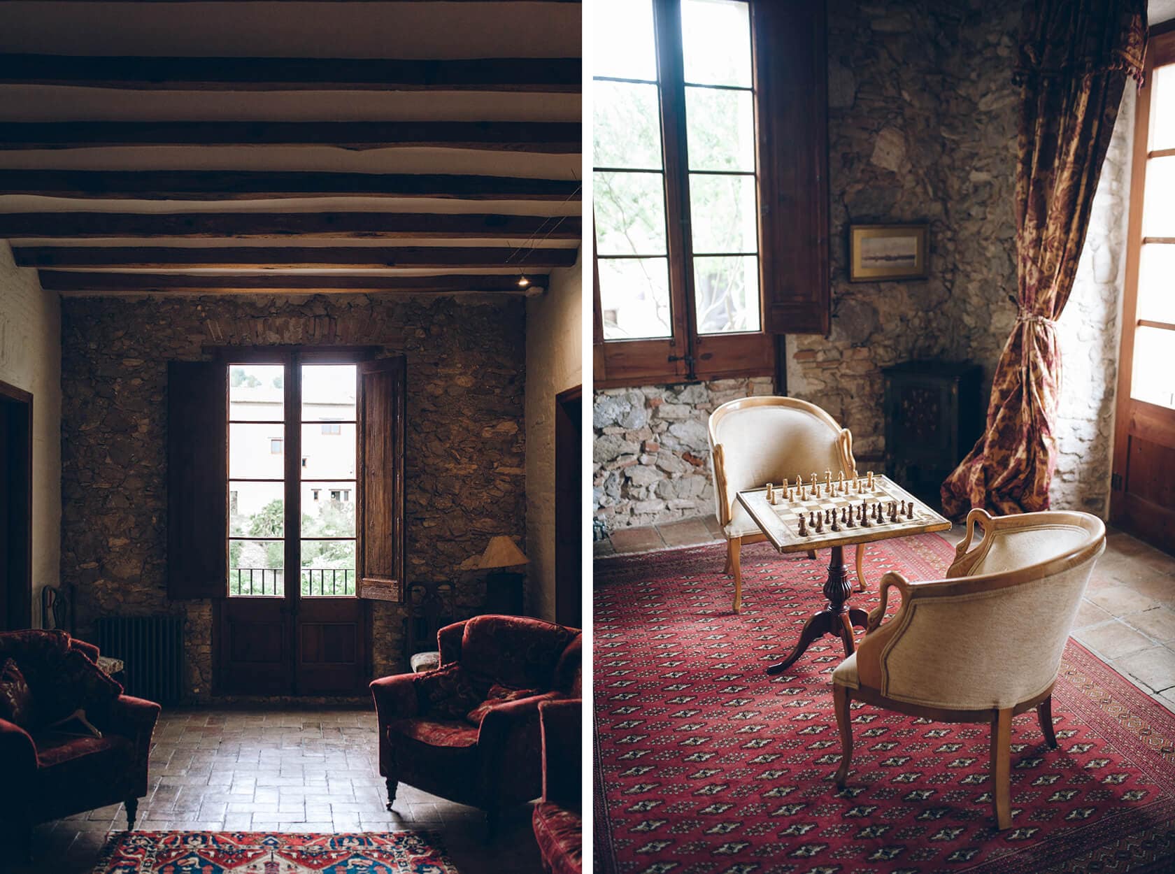Two vintage armchairs and chess set in a rustic room, possibly for a gay wedding in Sitges. - Barcelona Wedding Photographer