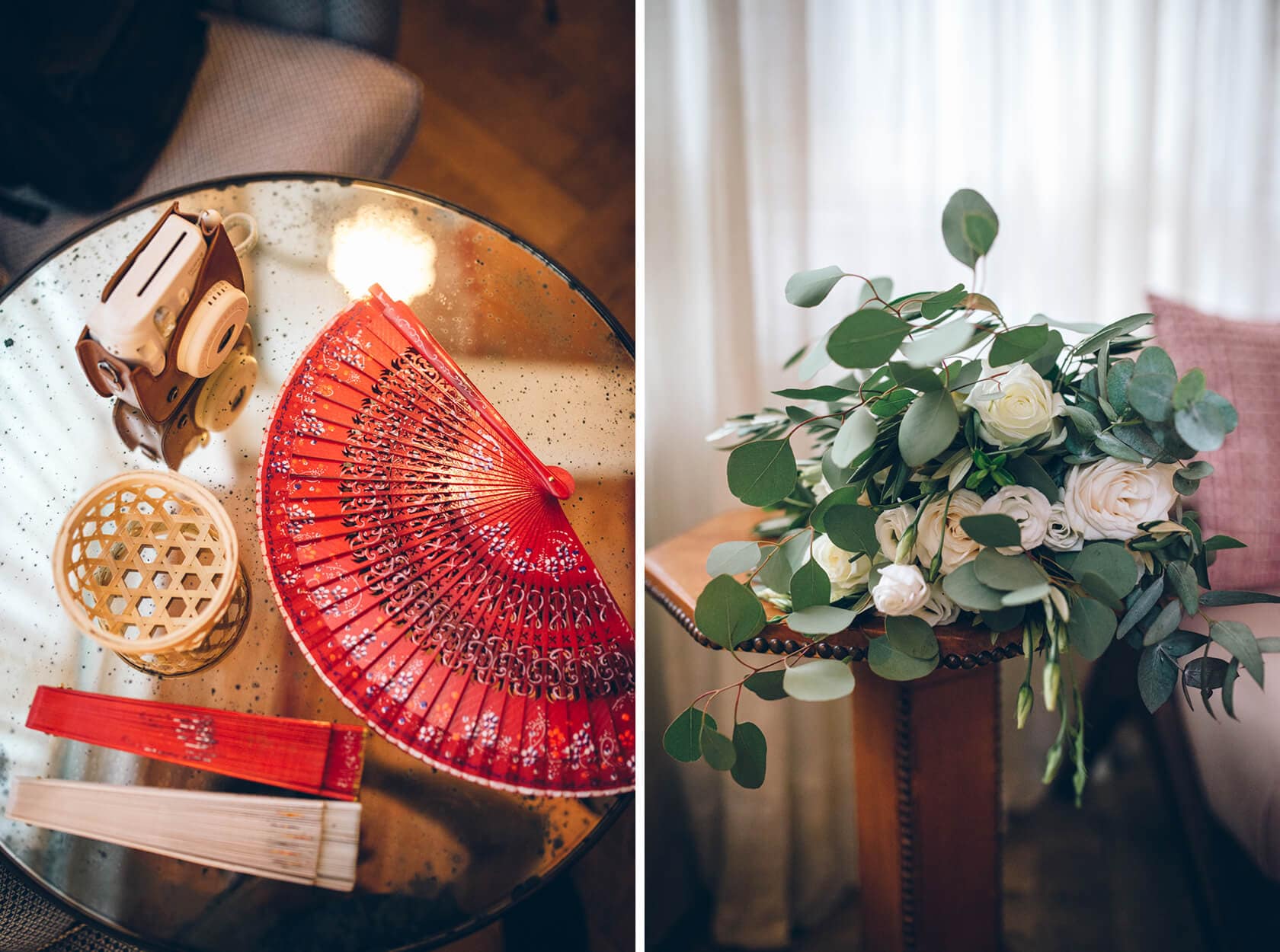 Wedding details: red fans and eucalyptus bouquet at Parc del Laberint d'Horta - Barcelona Wedding Photographer