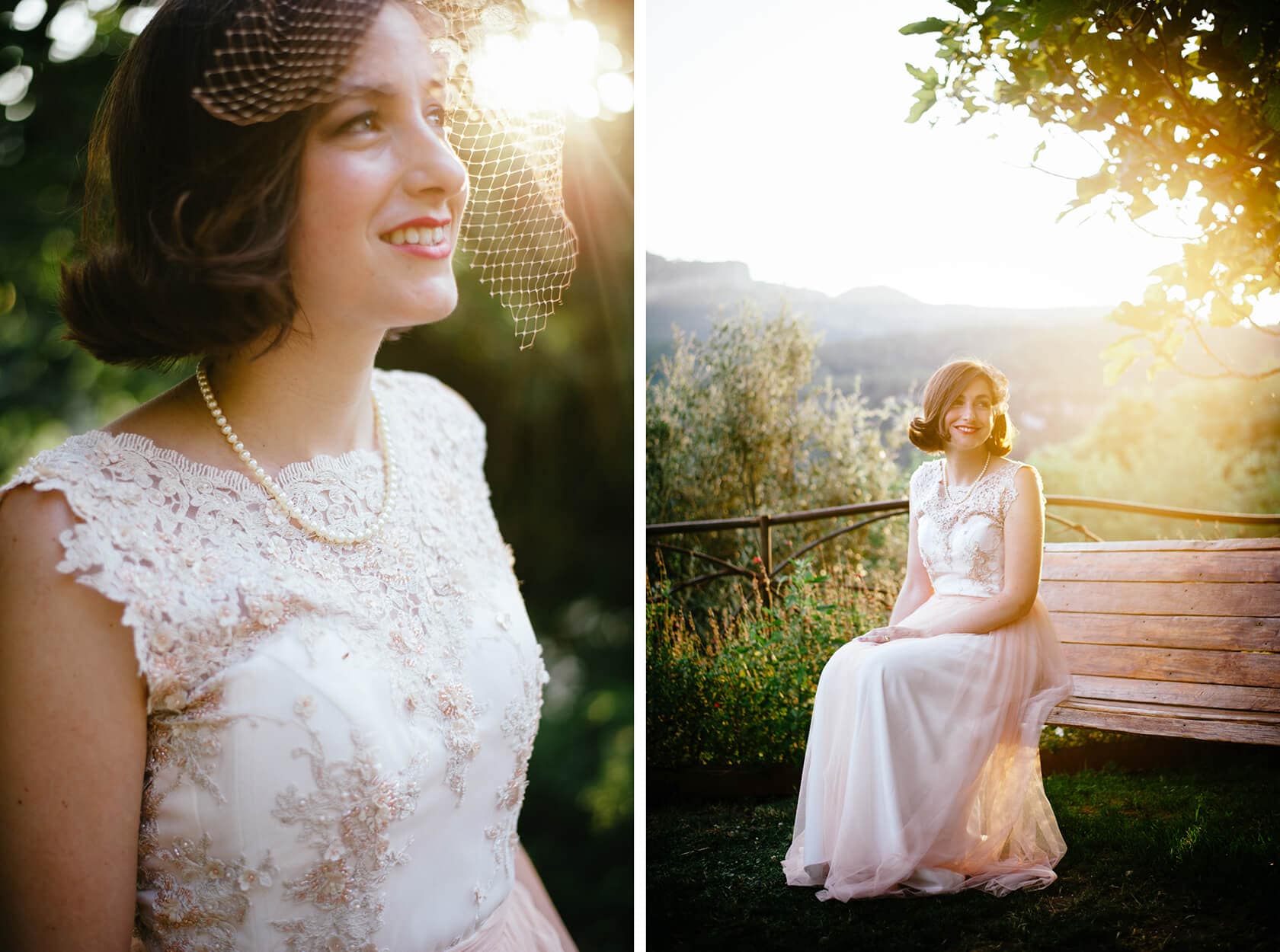 Bride in vintage style wedding dress with veil and pearls - Barcelona Wedding Photographer