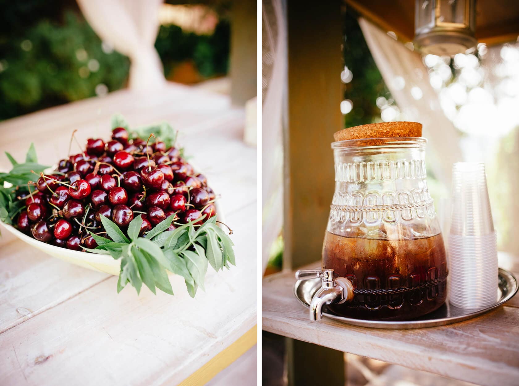 Vintage style wedding reception with fresh cherries and iced tea dispenser - Barcelona Wedding Photographer
