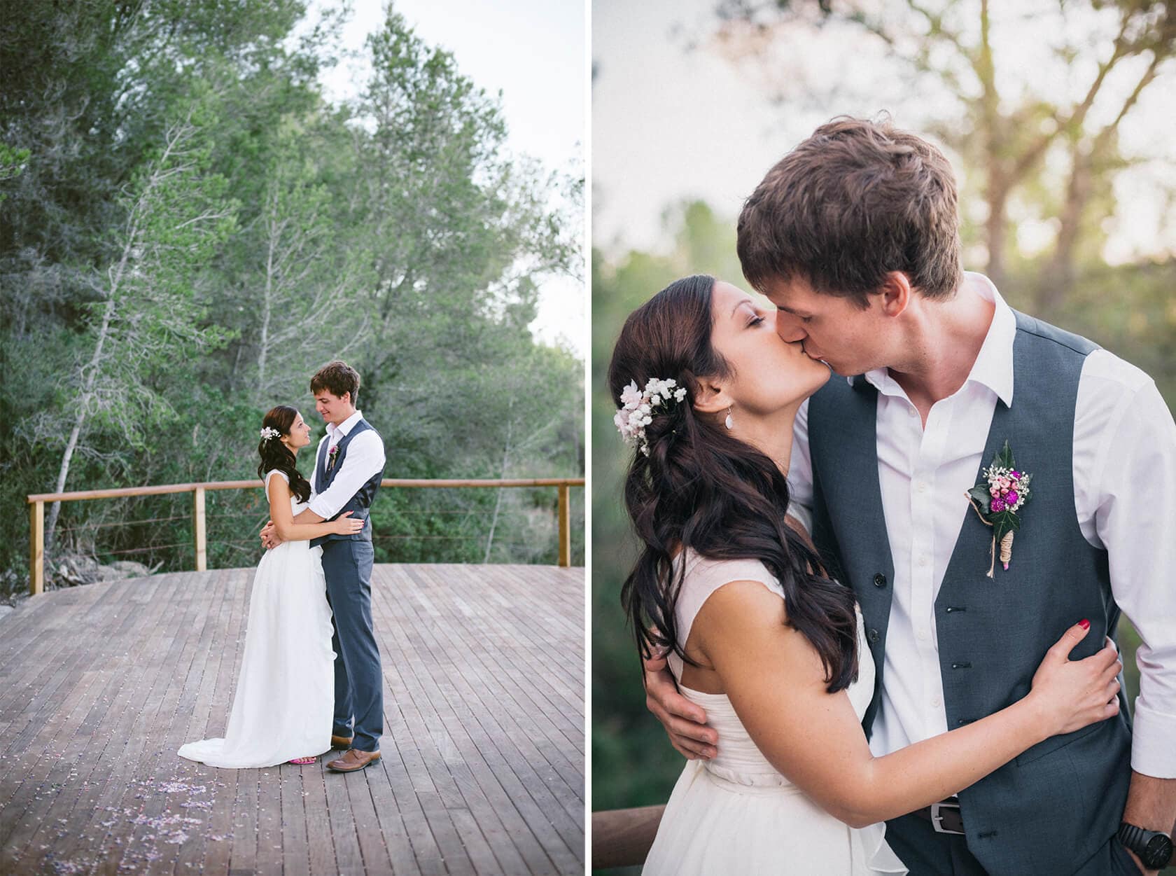 Couple kissing on a wooden deck, wedding villas in Sitges - Barcelona Wedding Photographer