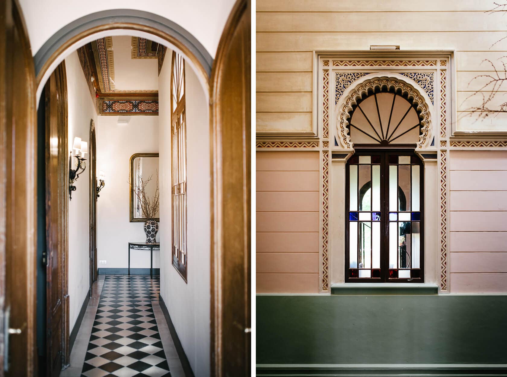 Elegant interior of a wedding villa in Sitges with arched entryway and ornate window. - Barcelona Wedding Photographer