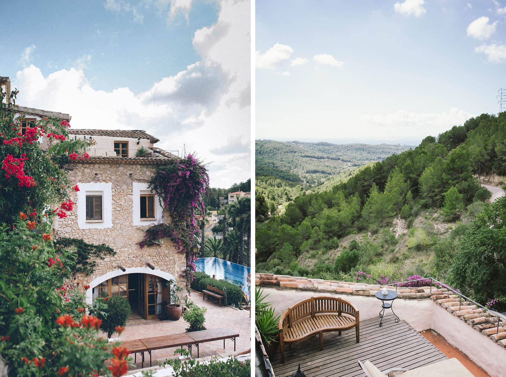 Stone villa with bougainvillea, pool, and Mediterranean views, ideal wedding villa in Sitges. - Barcelona Wedding Photographer