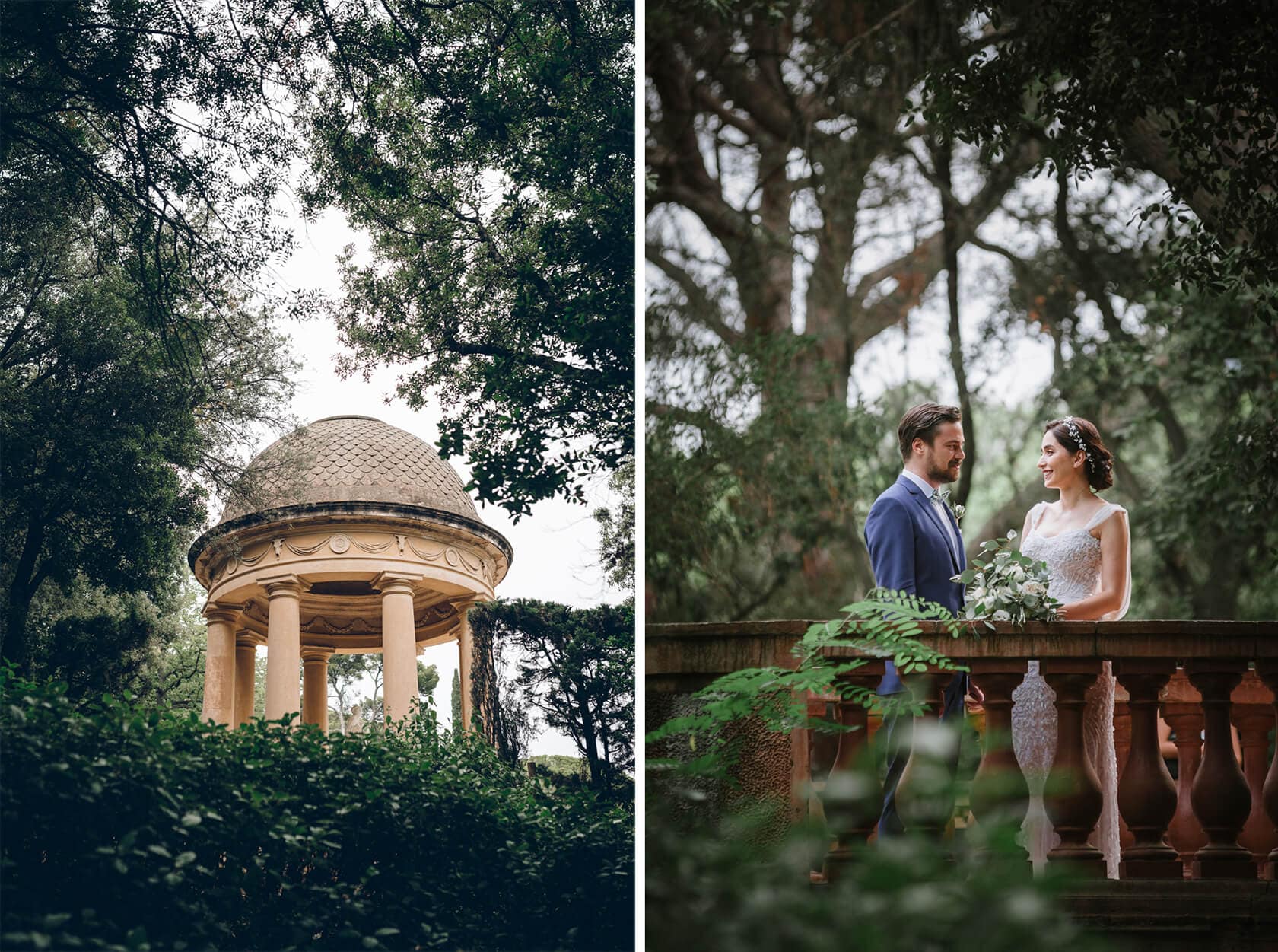 Wedding couple at Parc del Laberint d'Horta Barcelona, near a rotunda. - Barcelona Wedding Photographer