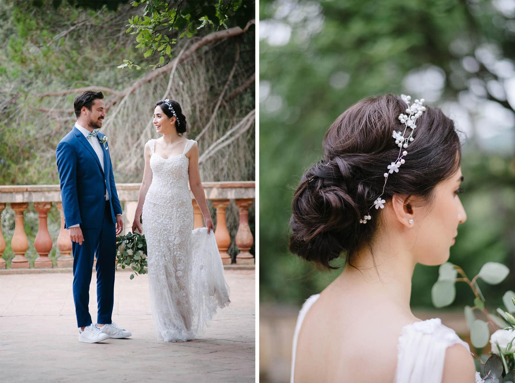Wedding at Parc del Laberint d'Horta: Bride and groom pose outdoors. - Barcelona Wedding Photographer
