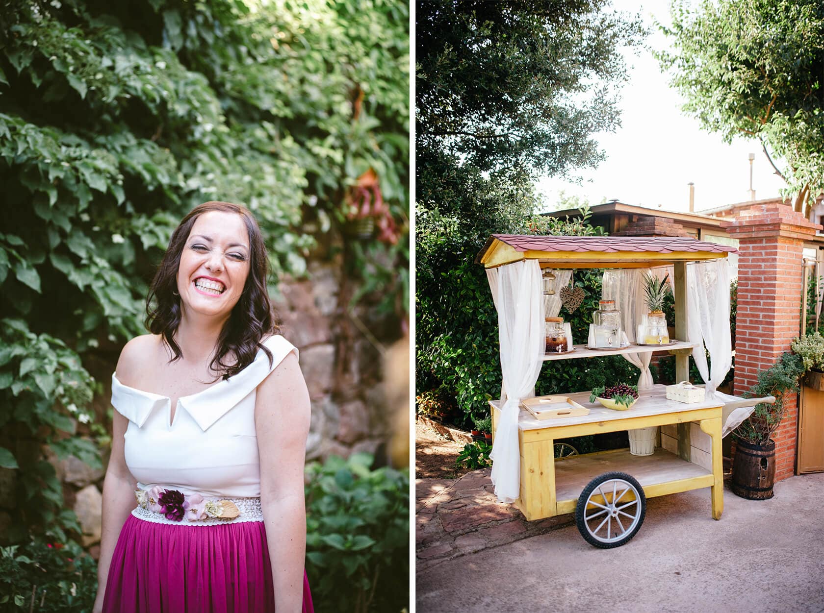Bride in vintage style wedding dress smiles near ivy wall; yellow drink cart - Barcelona Wedding Photographer