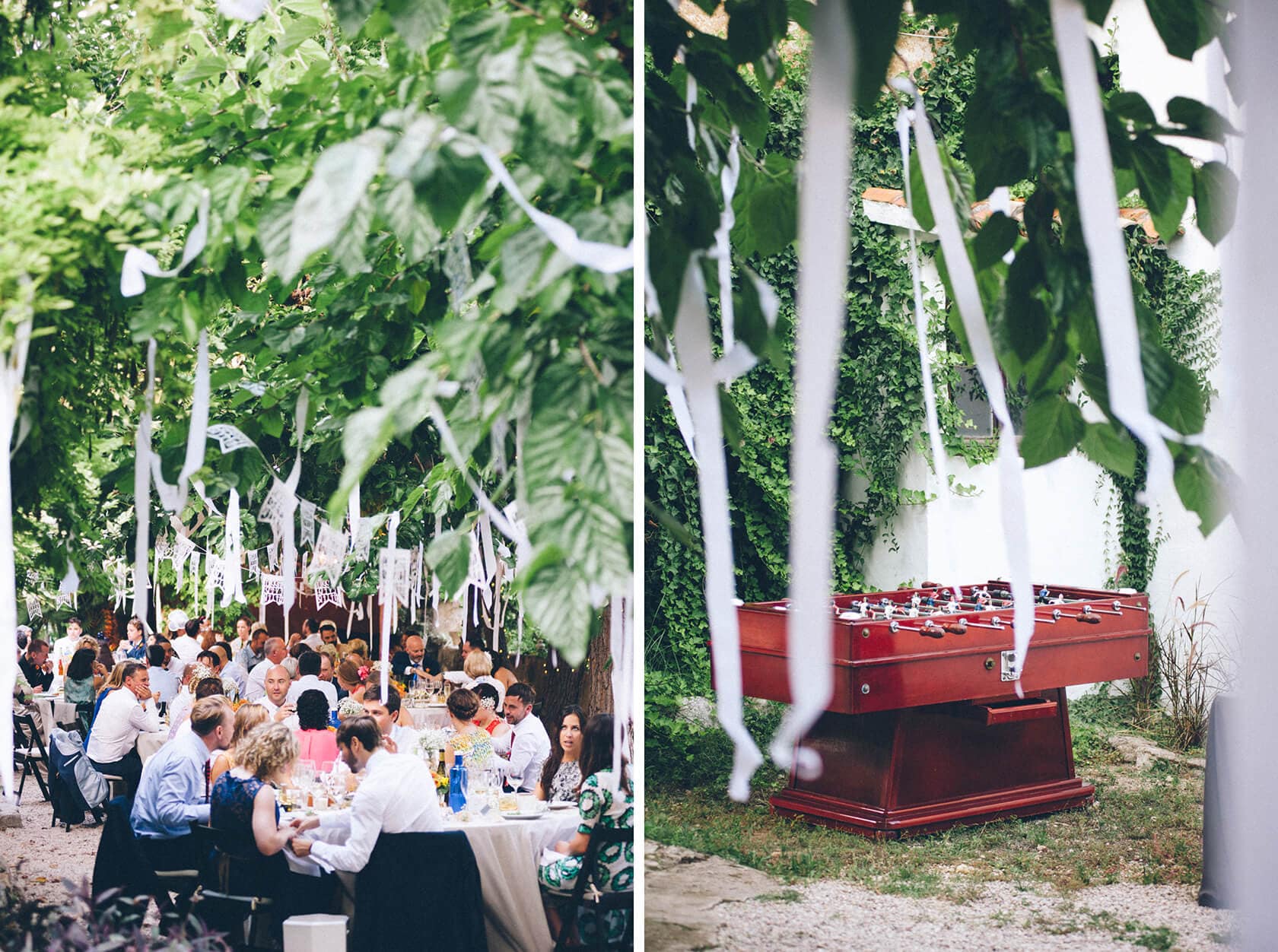 Outdoor wedding reception in Barcelona with guests and foosball table - Barcelona Wedding Photographer