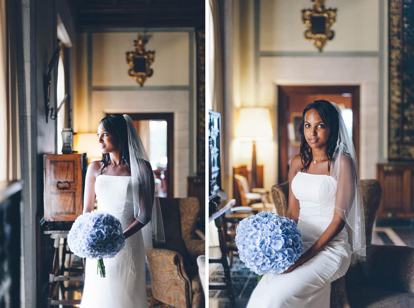 Bride Tsega with blue bouquet in S'Agaro, Spain wedding - Barcelona Wedding Photographer