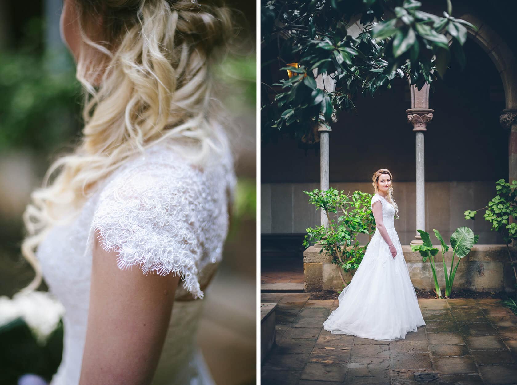 Bride in lace dress posing in a courtyard, Barcelona wedding photographer - Barcelona Wedding Photographer