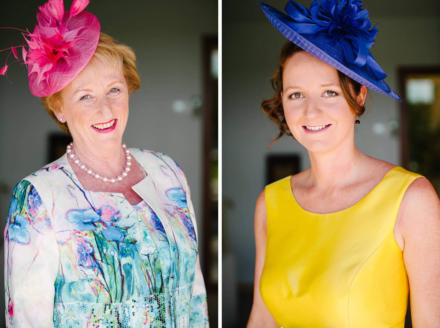 Two women in colorful hats at Casanova Estate wedding venue. - Barcelona Wedding Photographer