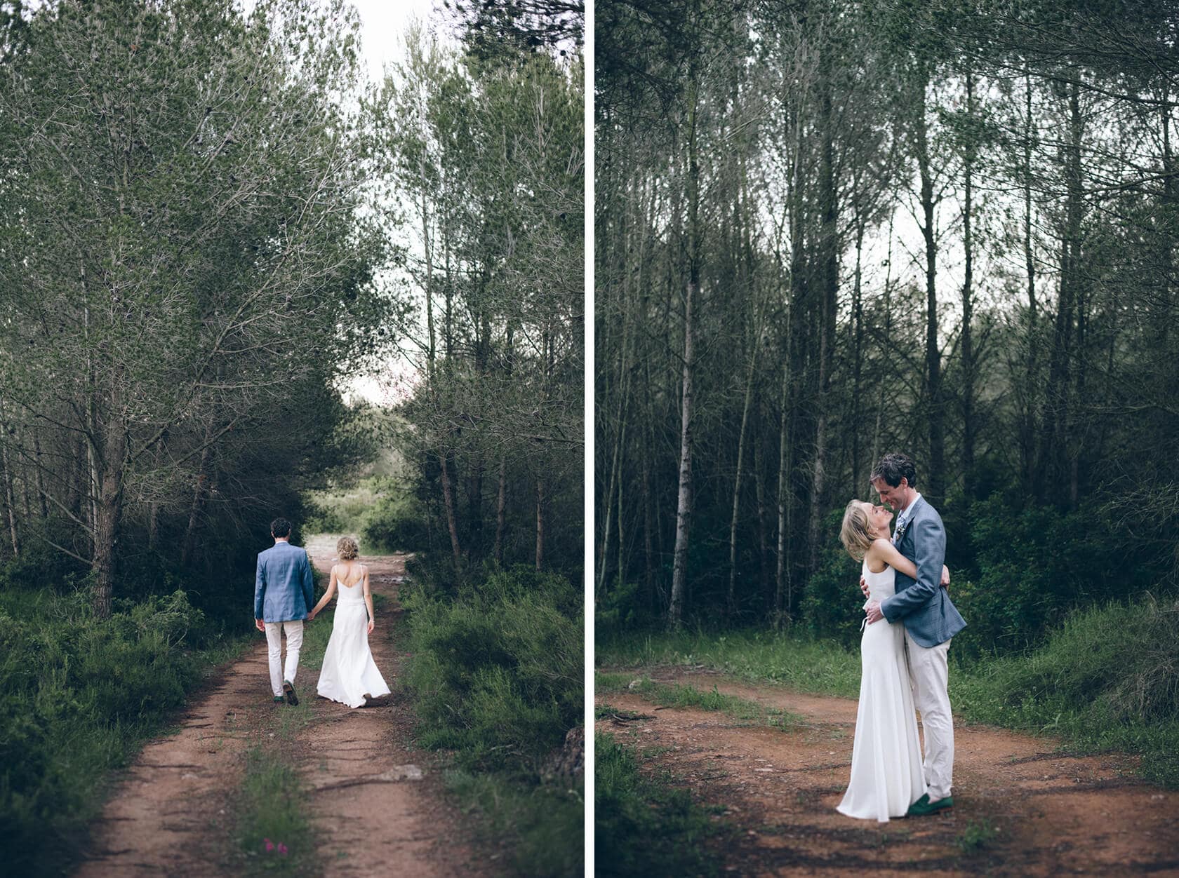 Couple walking in a forest path, wedding villas in Sitges inspiration - Barcelona Wedding Photographer