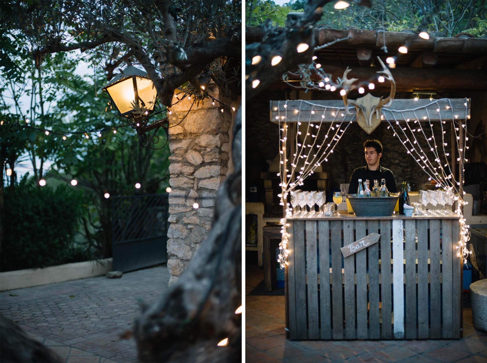 Outdoor bar at a wedding villa in Sitges decorated with fairy lights. - Barcelona Wedding Photographer