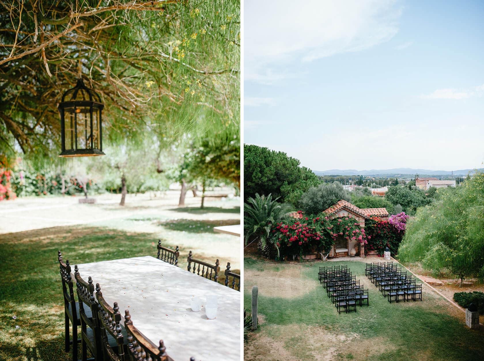 Wedding villas in Sitges: outdoor ceremony setup and dining area - Barcelona Wedding Photographer