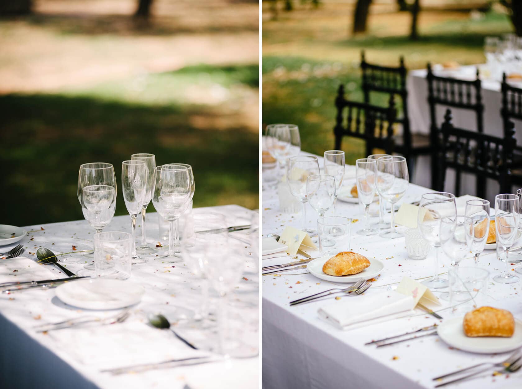 Wedding table setting at a villa in Sitges with elegant glassware and place settings. - Barcelona Wedding Photographer