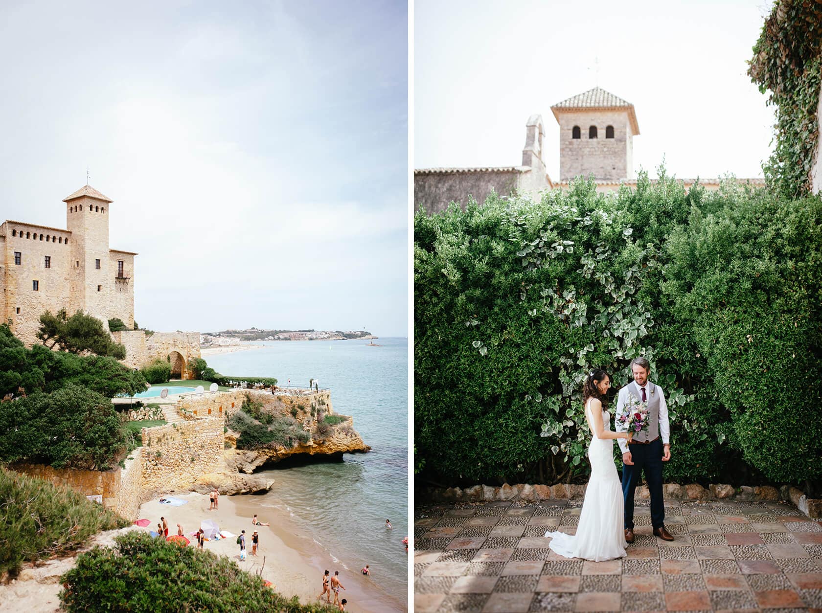 Castell de Tamarit wedding: Couple poses in courtyard with ivy-covered wall - Barcelona Wedding Photographer
