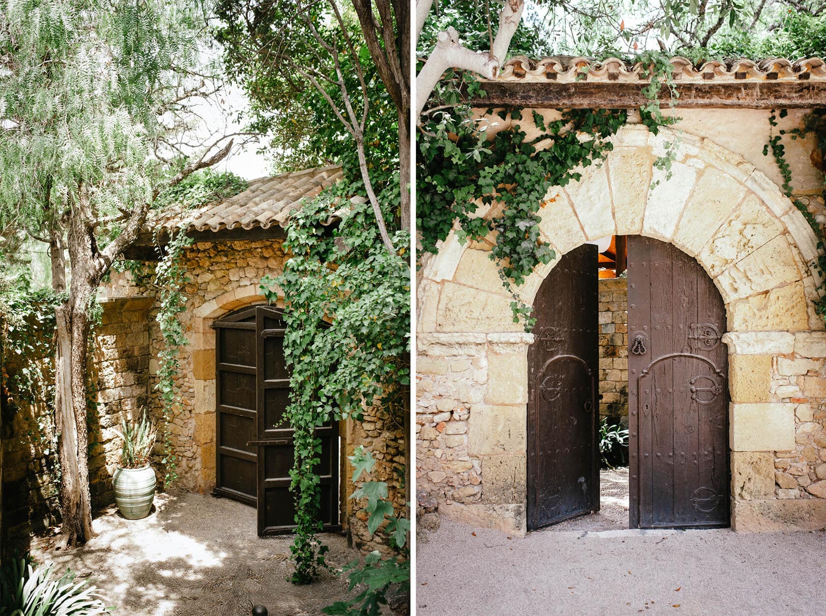 Castell de Tamarit wedding: Rustic stone building with arched doorway and wooden doors - Barcelona Wedding Photographer