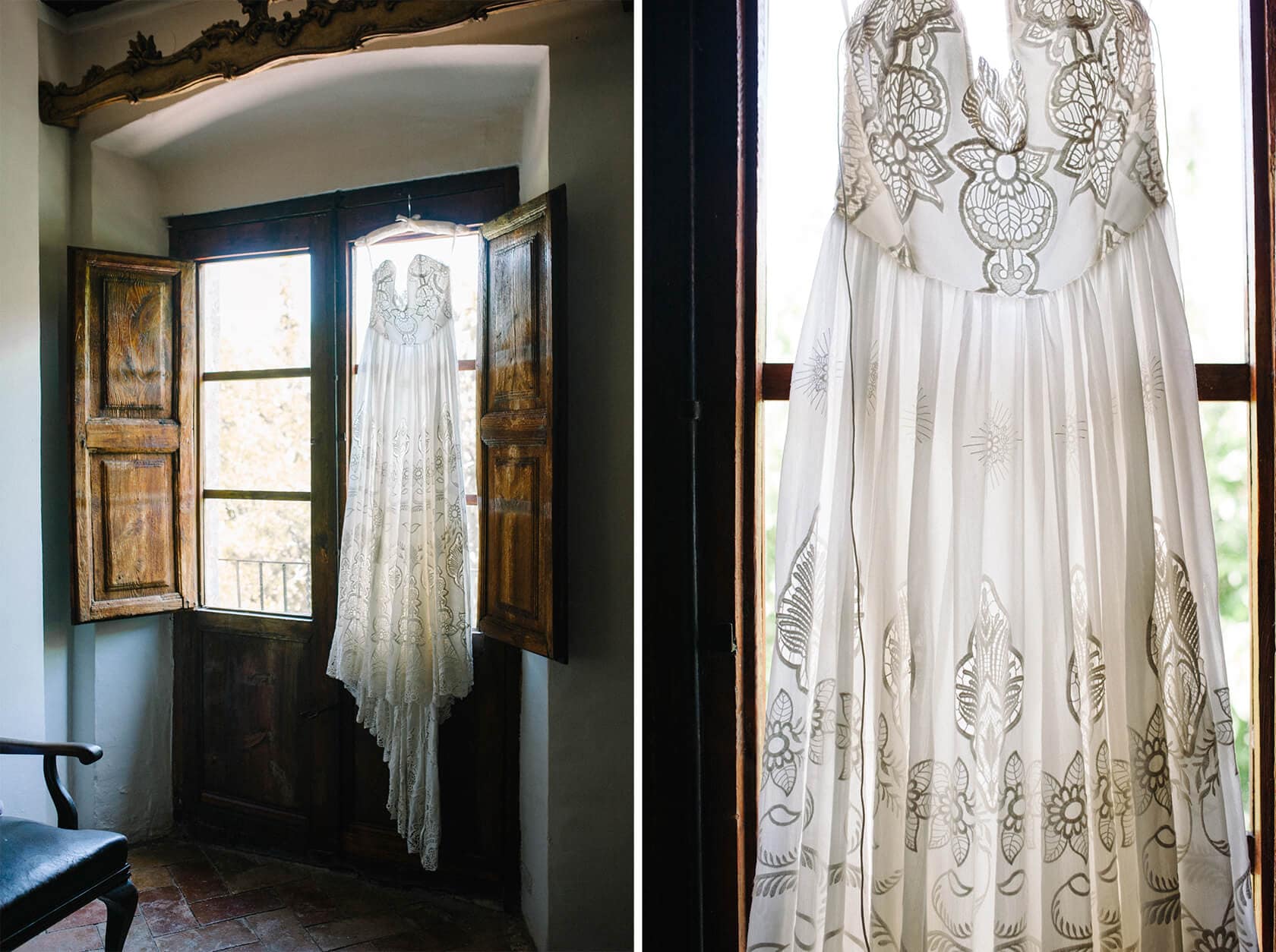 White lace wedding dress hanging in a rustic villa window at destination wedding villa Almanita Sitges. - Barcelona Wedding Photographer