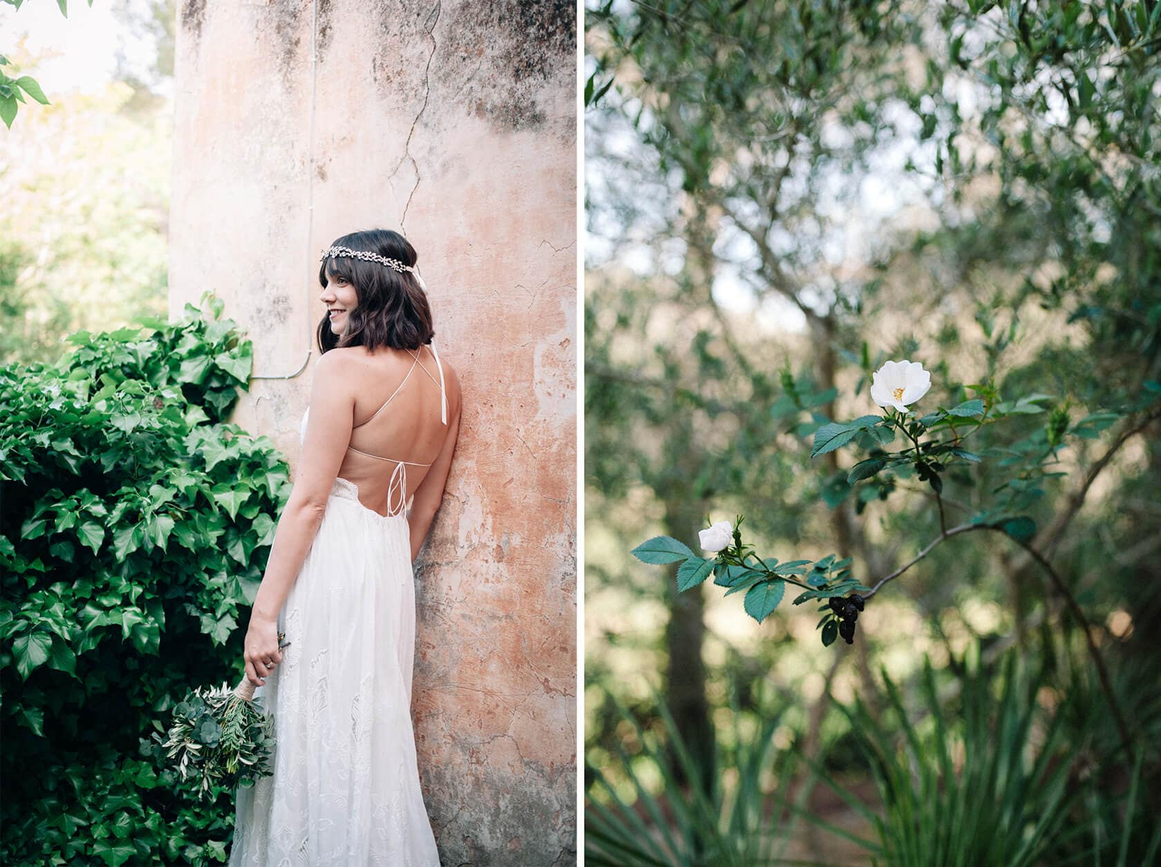 Bride in a white lace dress at Villa Almanita, a destination wedding venue in Sitges. - Barcelona Wedding Photographer