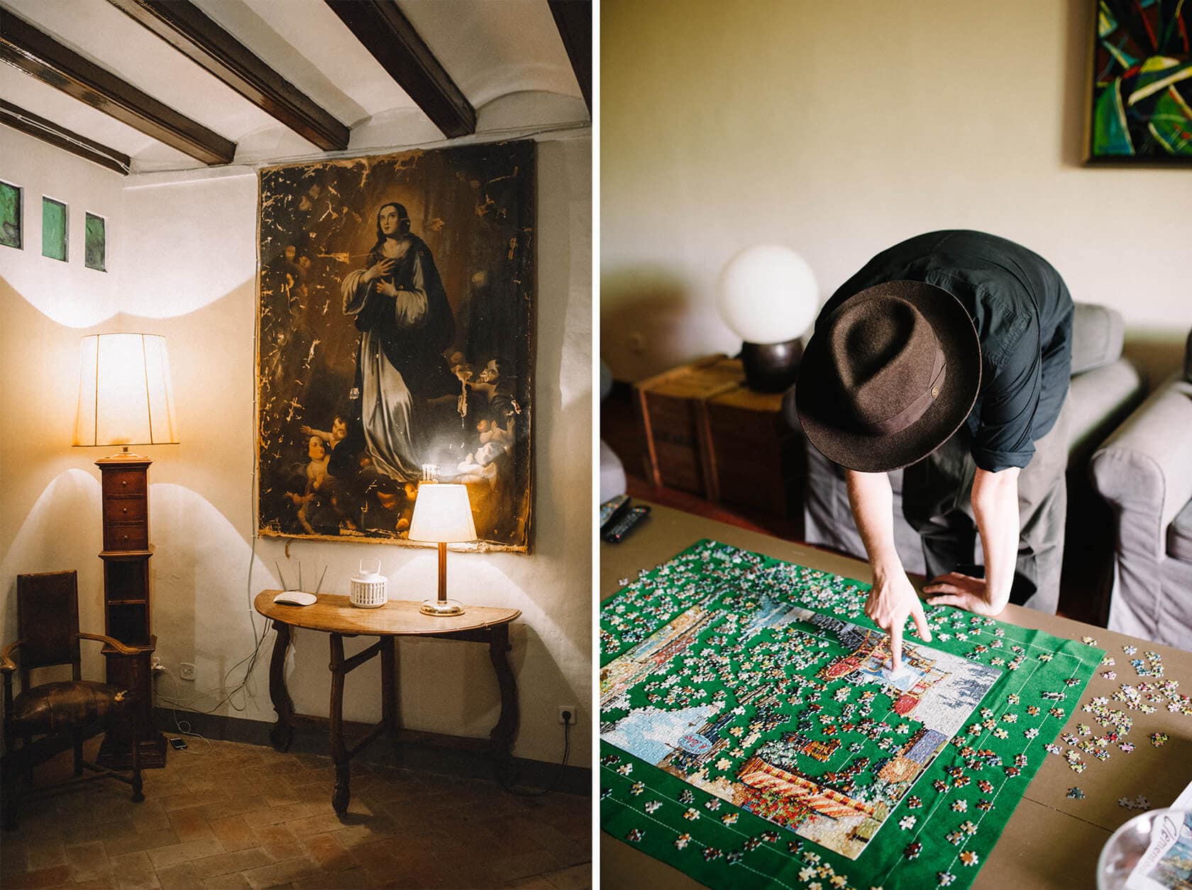 Clara & Toph destination wedding villa: couple assembling a puzzle at Villa Almanita, Sitges. - Barcelona Wedding Photographer