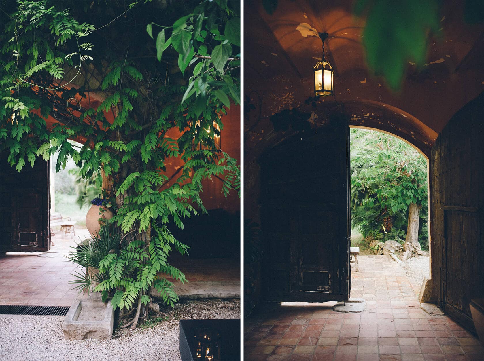Villa Almanita Sitges: lush greenery frames arched doorway at destination wedding - Barcelona Wedding Photographer