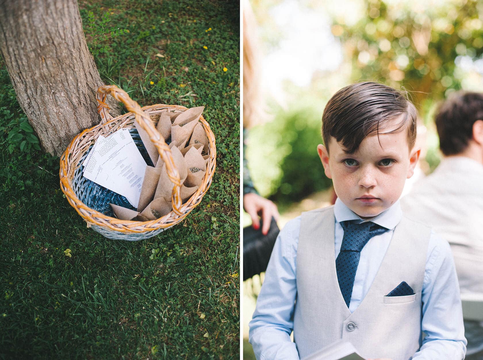 Wedding confetti basket and ring bearer at Villa Almanita, Sitges destination wedding. - Barcelona Wedding Photographer