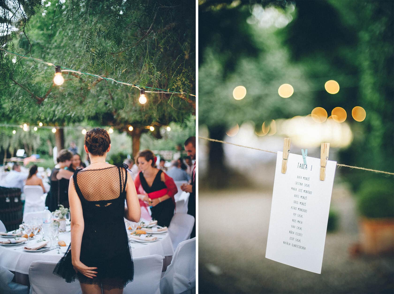 Wedding reception table plan with string lights and guests, Barcelona wedding photographer - Barcelona Wedding Photographer