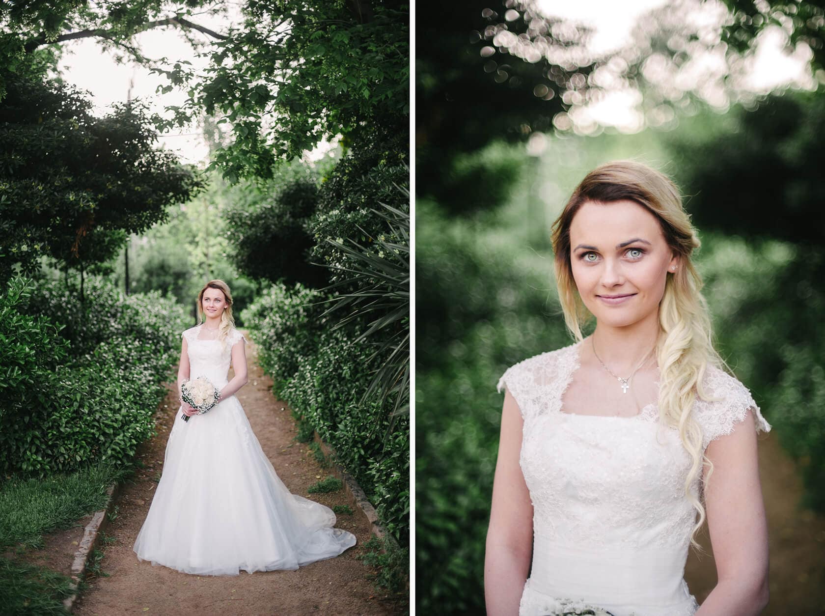 Bride in a white wedding dress holding a bouquet in a garden - Barcelona Wedding Photographer