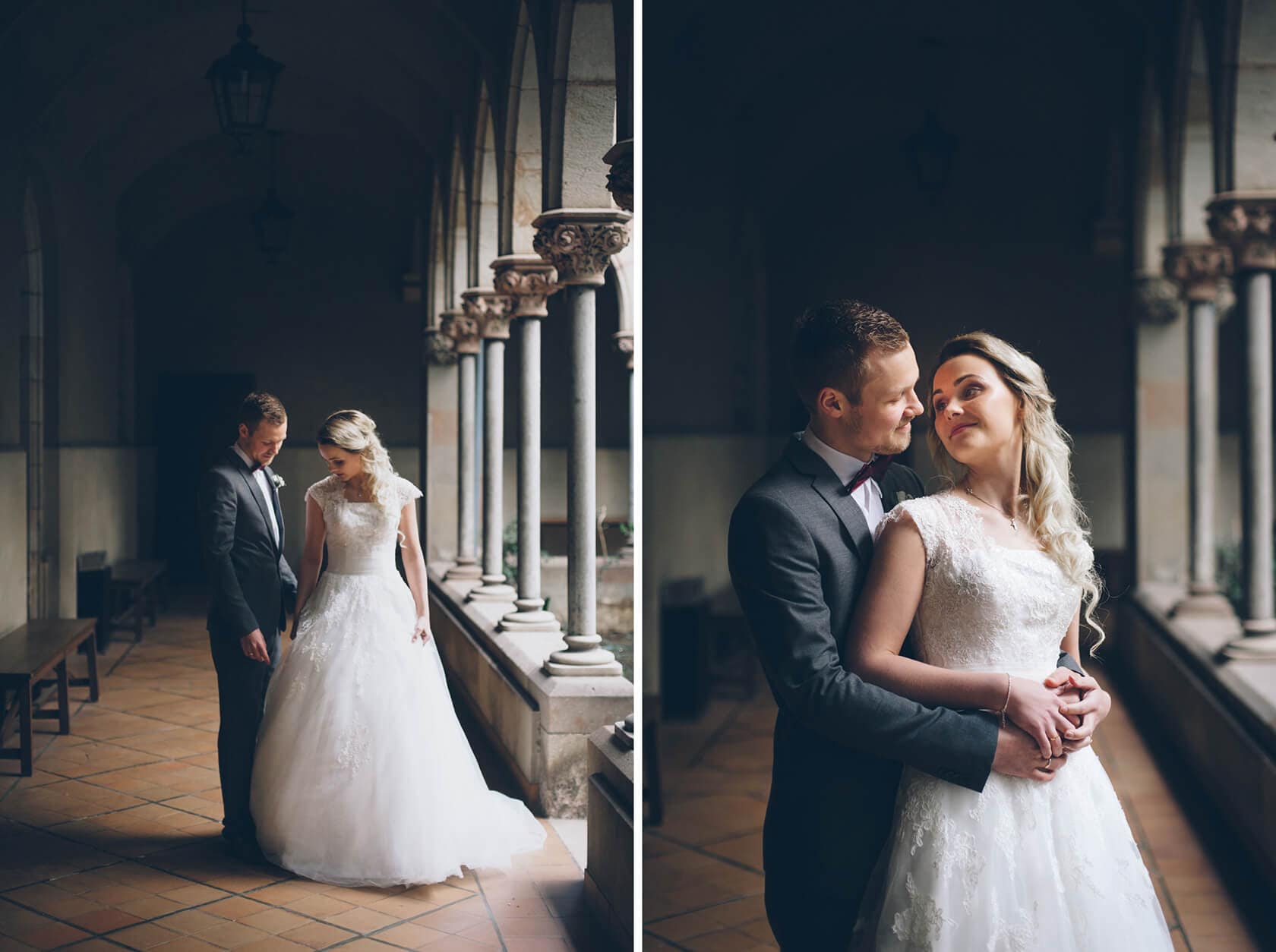 Bride and groom embrace in a Barcelona wedding photographer's hallway. - Barcelona Wedding Photographer