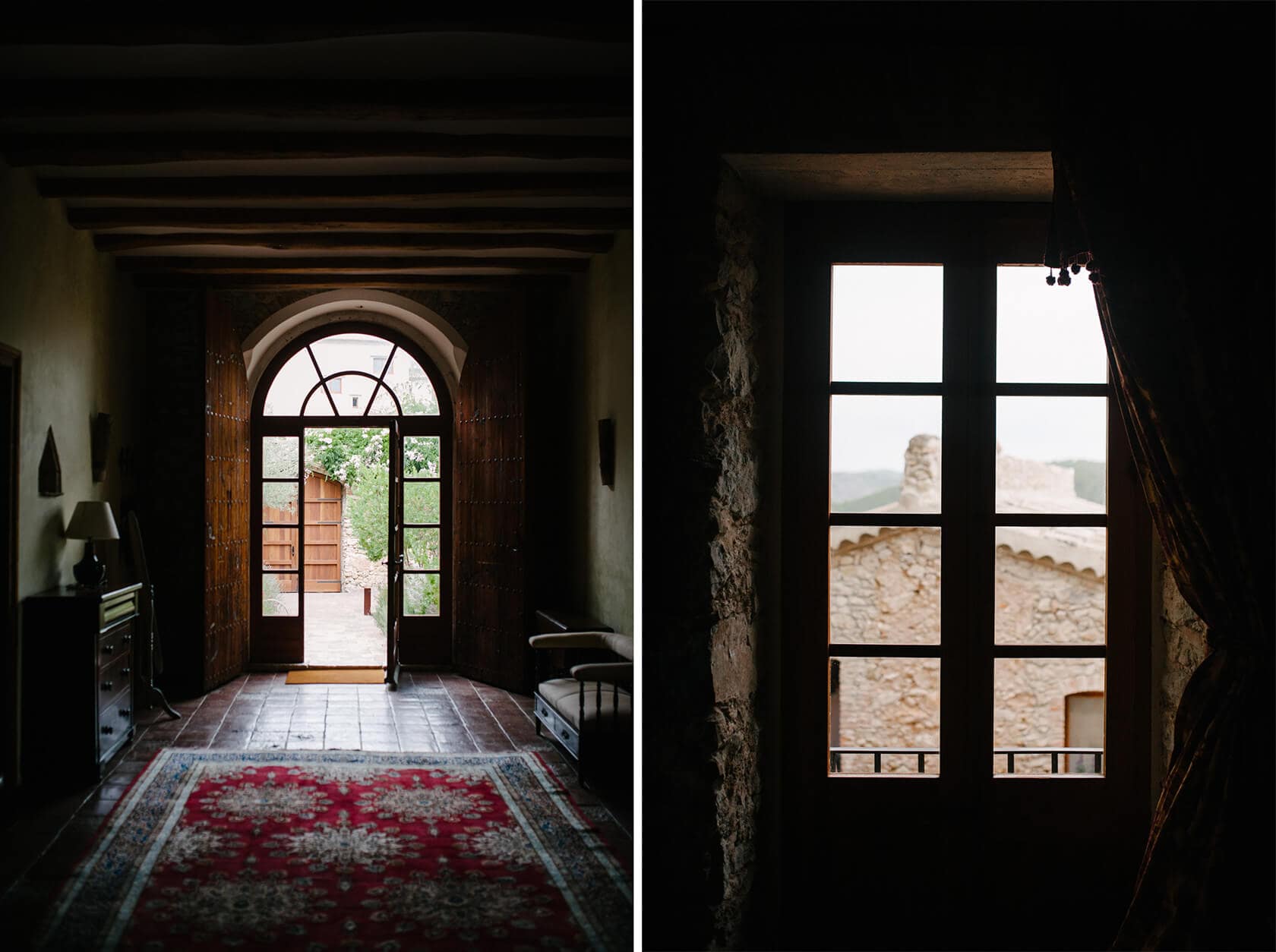 Gay wedding in Sitges: Arched doorway and rustic window view - Barcelona Wedding Photographer