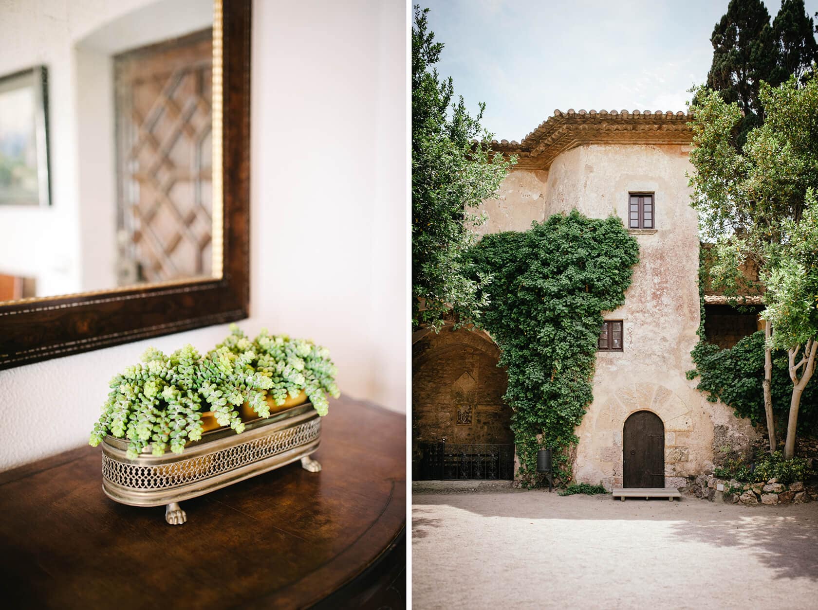 Castell de Tamarit wedding venue with ivy-covered walls and arched doorway. - Barcelona Wedding Photographer