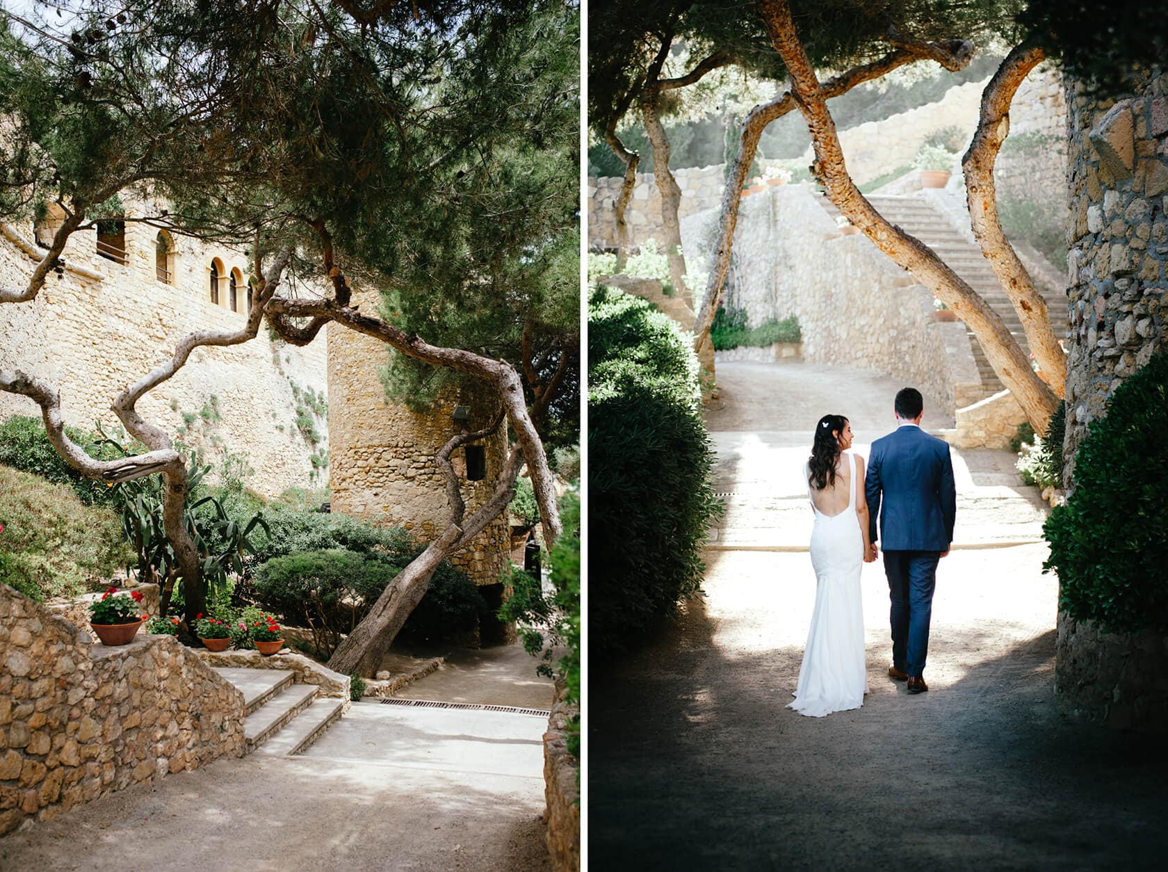 Wedding couple at Castell de Tamarit, Sitges, Spain. Fotografia-Sitges. - Barcelona Wedding Photographer
