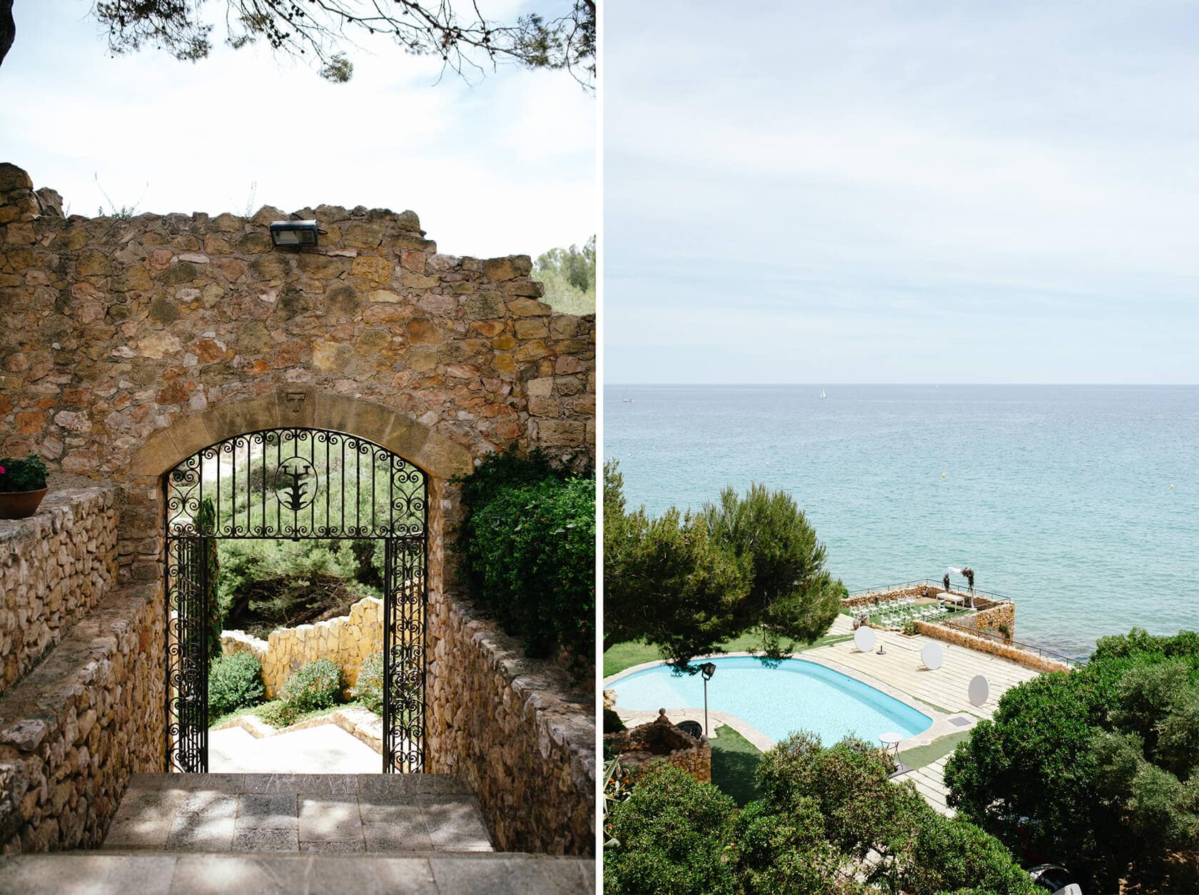 Castell de Tamarit wedding venue: stone archway entrance and seaside pool - Barcelona Wedding Photographer