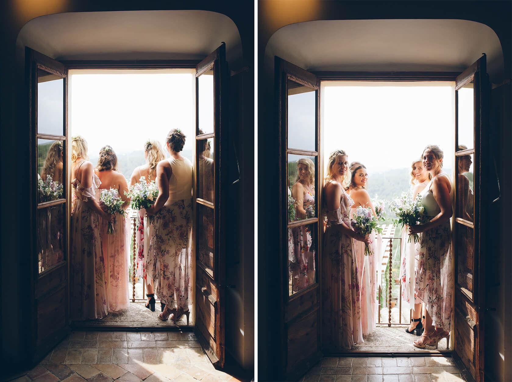 Bridesmaids in floral dresses on the balcony of Casa Felix wedding venue. - Barcelona Wedding Photographer