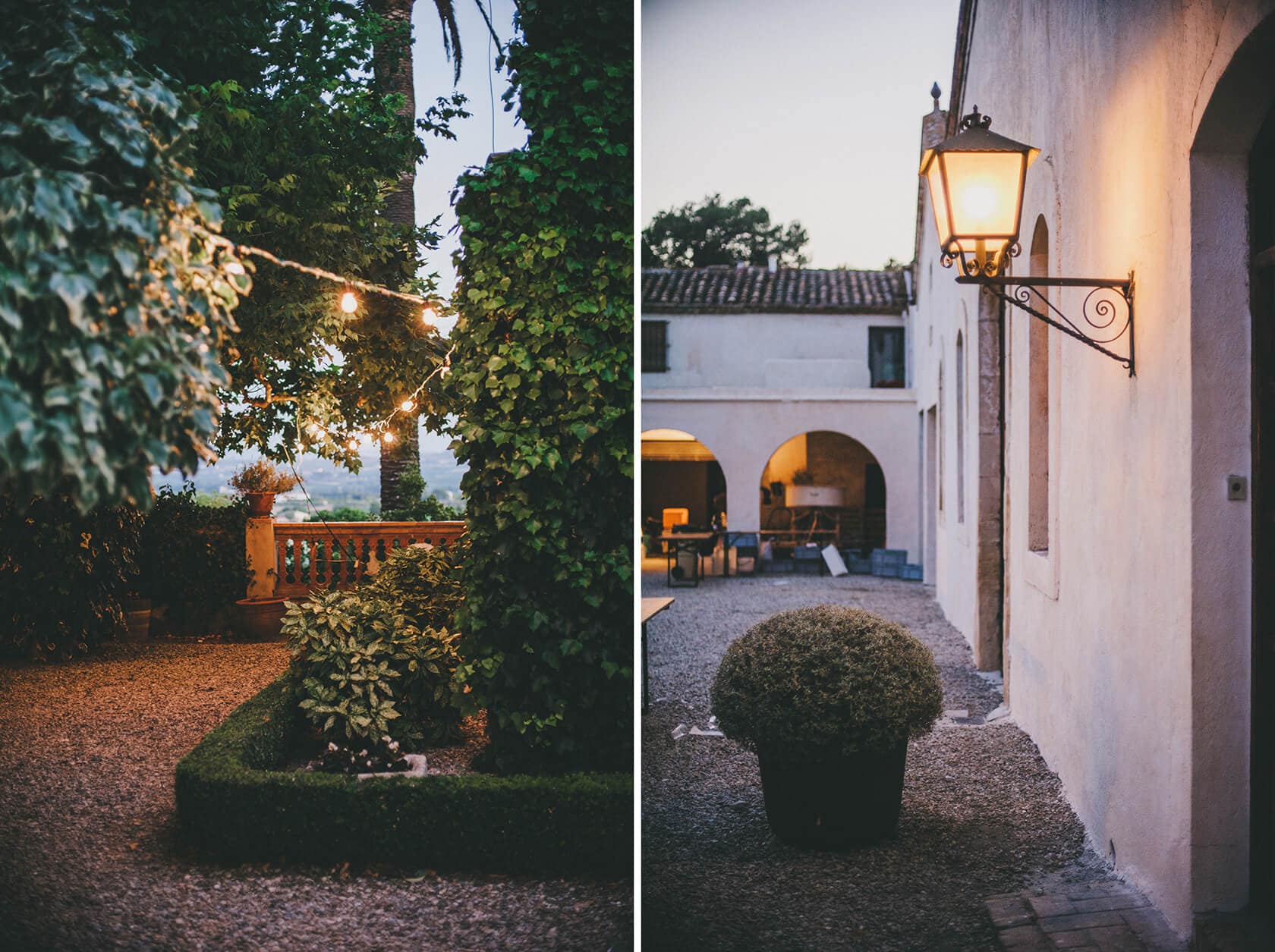 Romantic garden string lights & courtyard lamp at Cris & Rafa's wedding, Barcelona - Barcelona Wedding Photographer