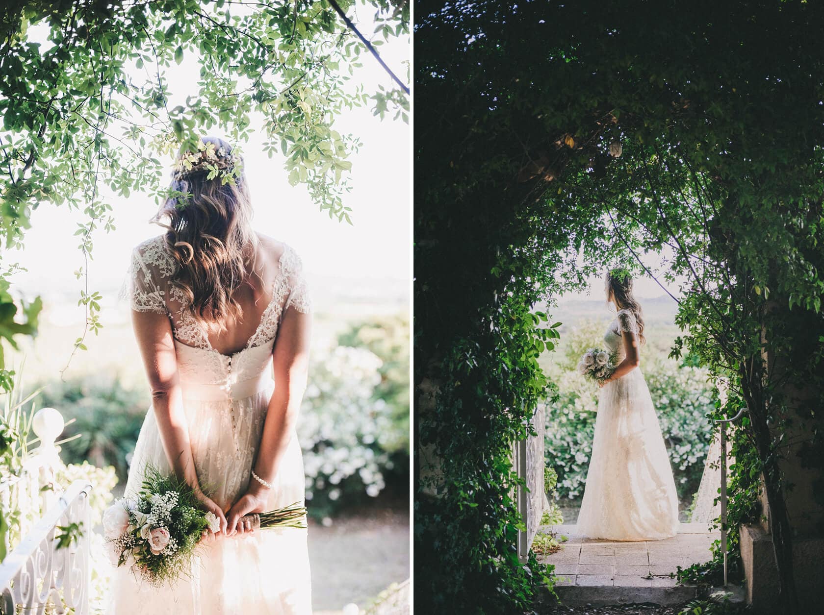 Bride in lace dress with bouquet in garden, wedding photographer Barcelona - Barcelona Wedding Photographer