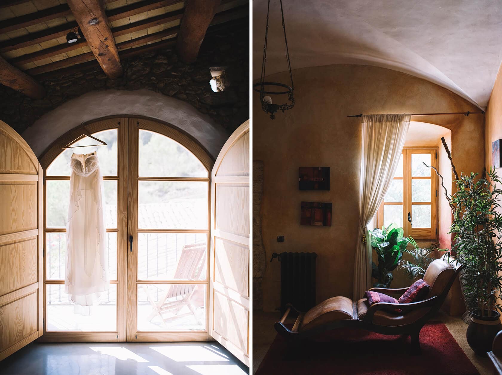 Wedding dress hanging in a villa in Sitges, with a lounge area. - Barcelona Wedding Photographer