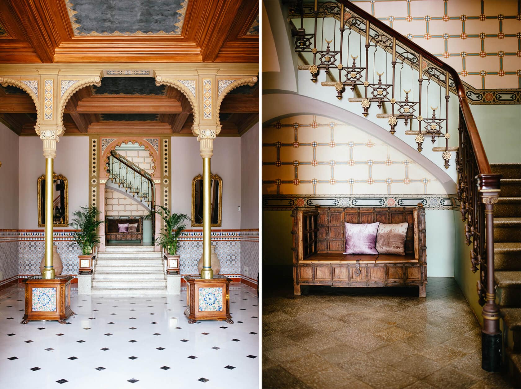 Interior of a wedding villa in Sitges with ornate staircase and seating. - Barcelona Wedding Photographer