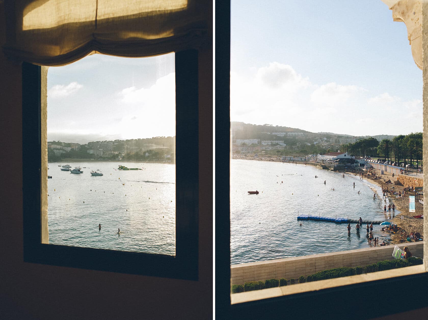 View of S'Agaro bay with boats and beach from a window, wedding photographer Spain - Barcelona Wedding Photographer